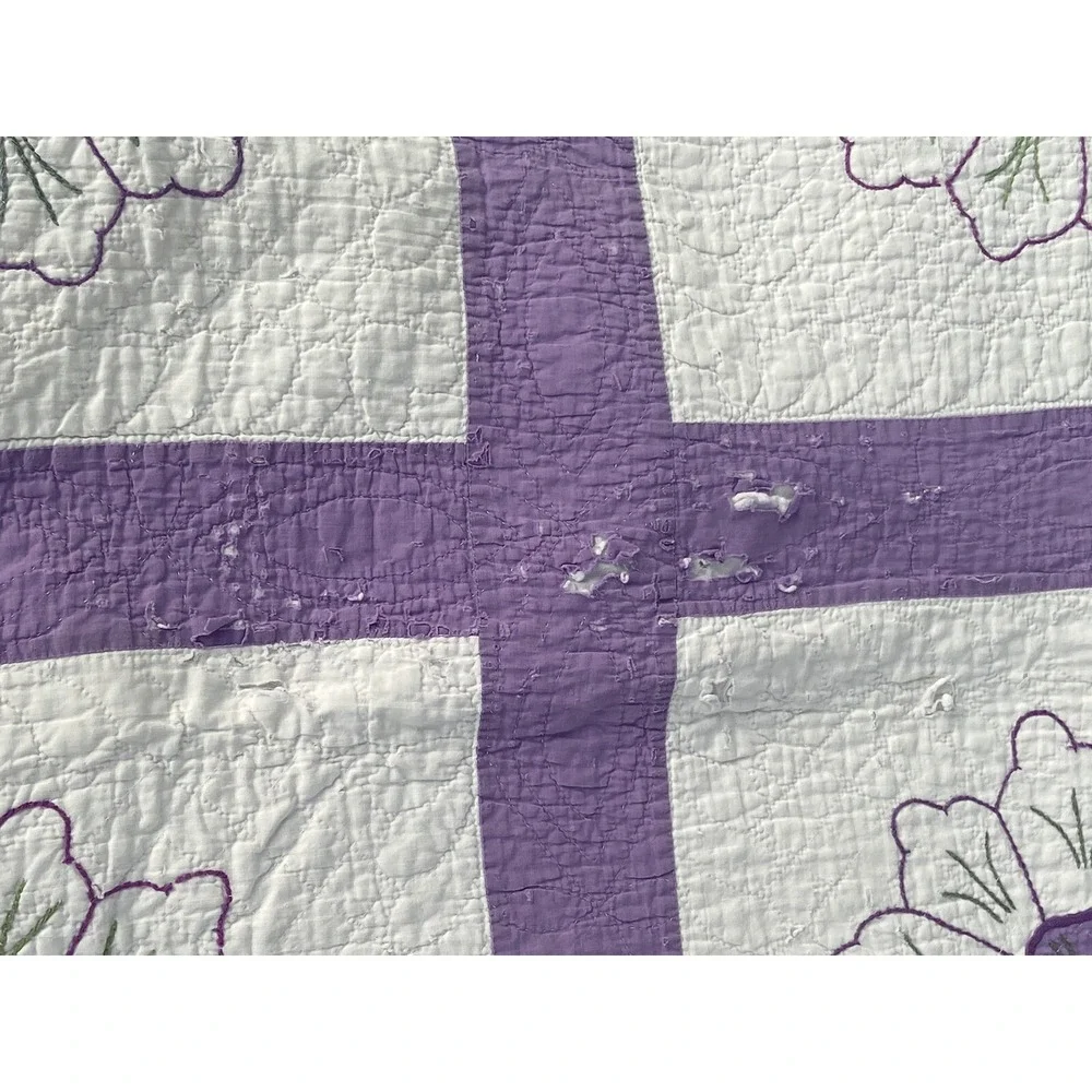 1927 Vintage Quilt Lilac Purple Embroidered Flower Hand Stitched 69